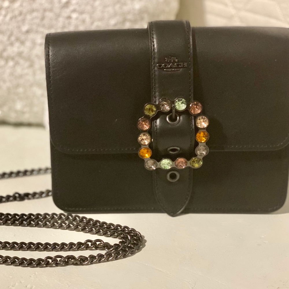 NWT Coach Black Leather Jewel Buckle Bowery